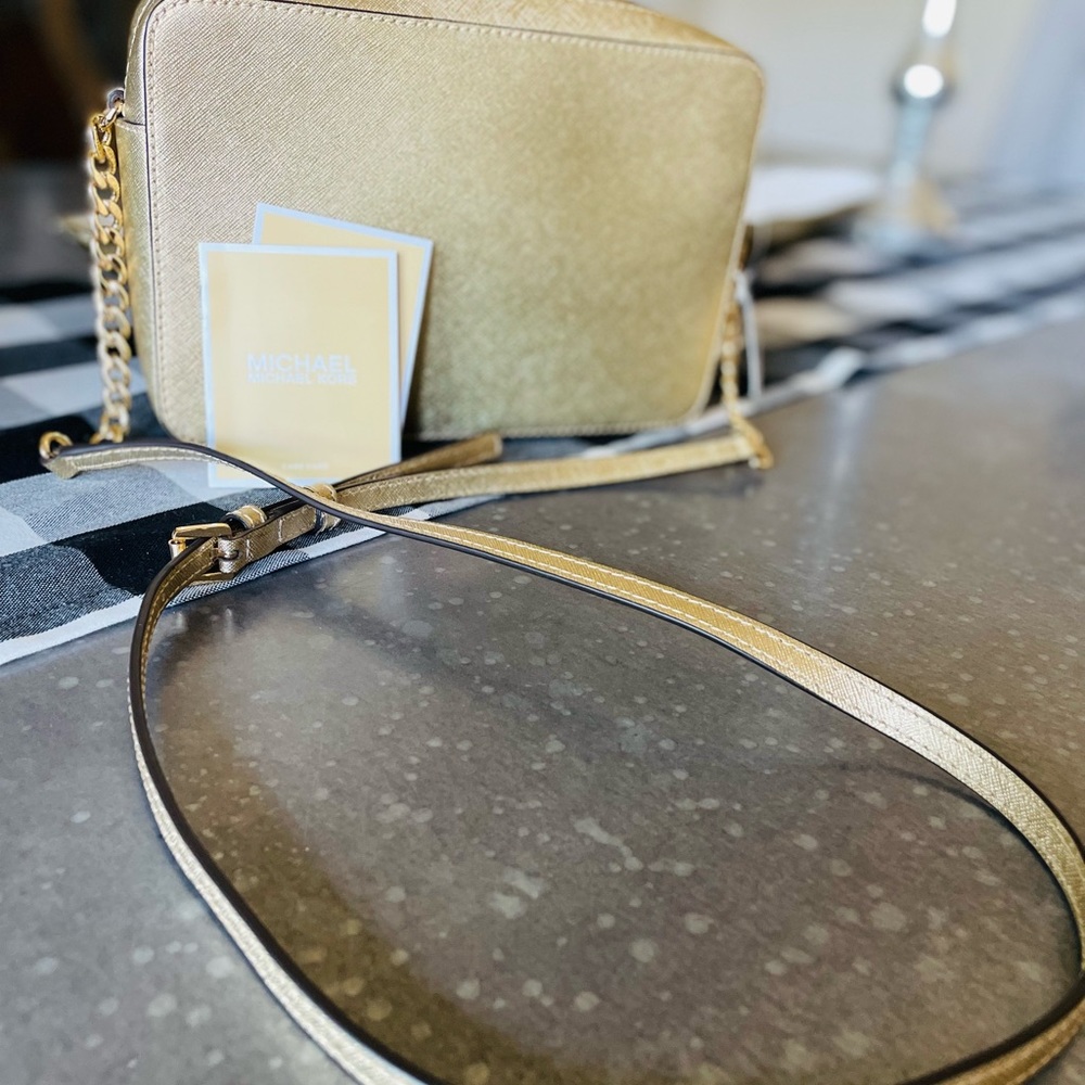 Michael Kors Jet Set Gold Leather Crossbody Bag